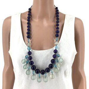 Coldwater Creek Necklace Graduated Beaded Navy Blue Silver Tone